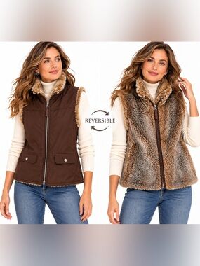 GAP Chocolate Brown Reversible Faux Fur Vest Funnel Neck Heritage Style Medium
